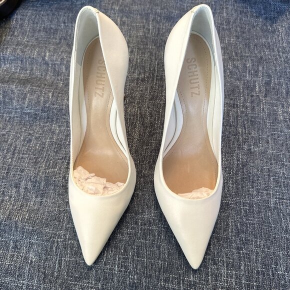 Schutz Lou Pointed Toe Pumps White Leather Heels - Picture 2 of 16
